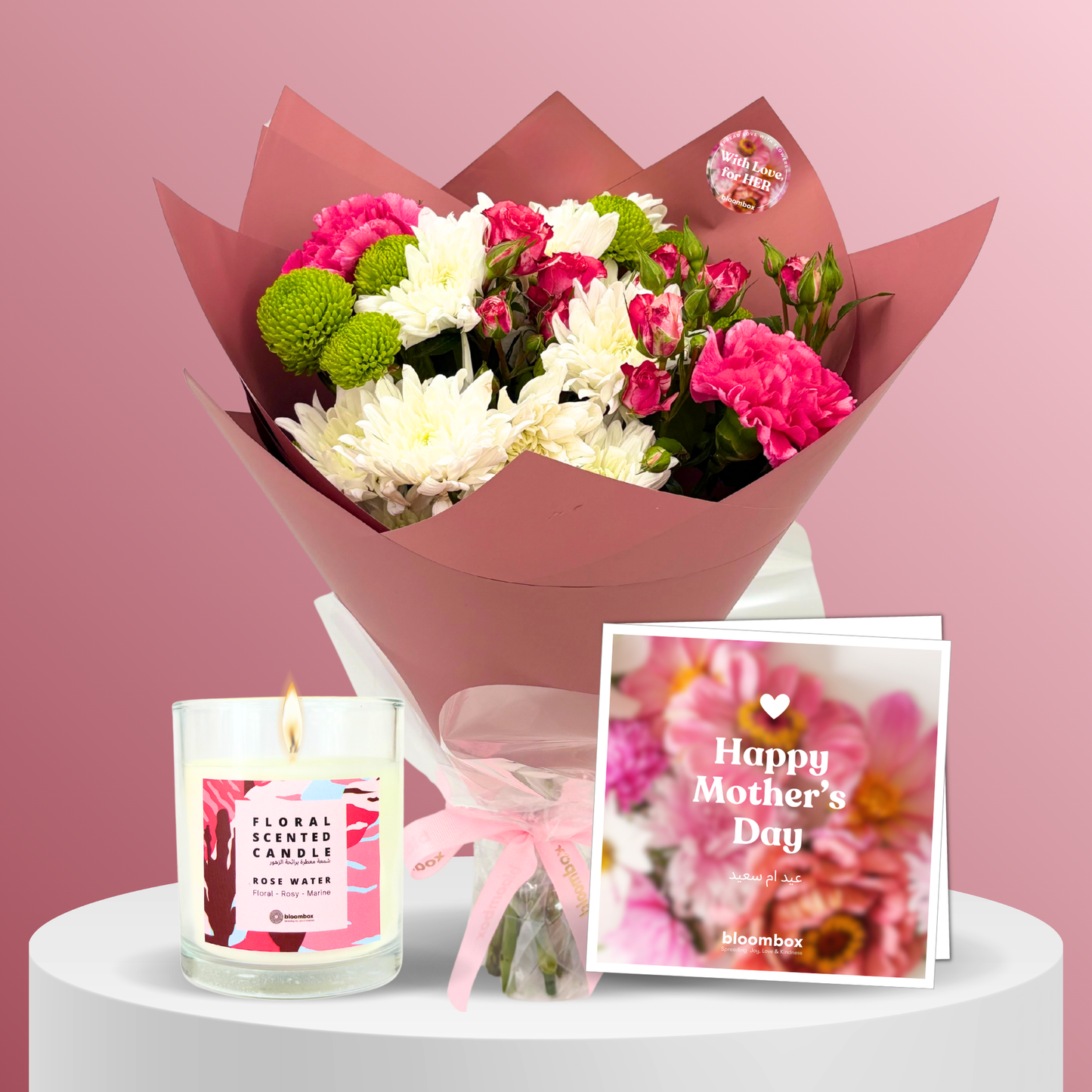 Bouquet Coral Tiny Pink with Card and Candle - Mother's Day Gift Set