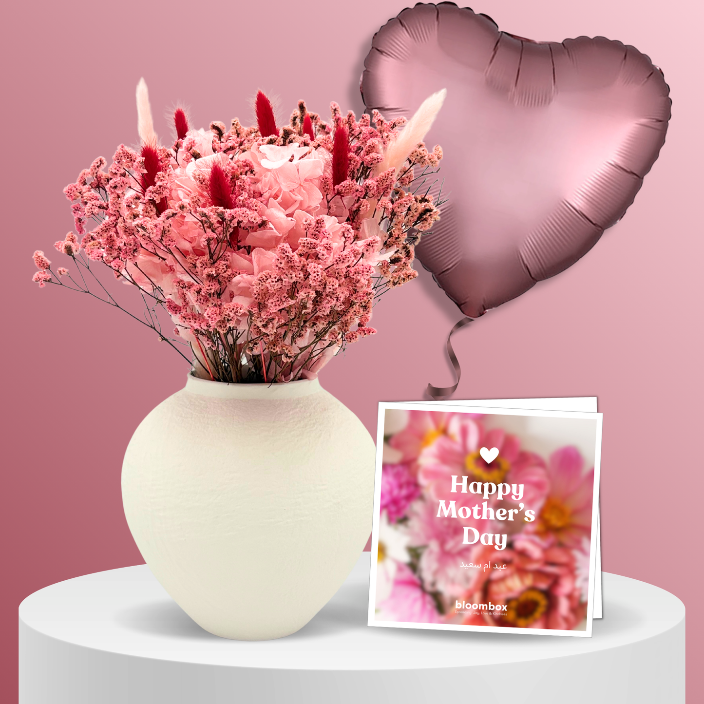Mother's Day Gift Set – Medium Pink Preserved Bouquet, Vase, Card & Balloon
