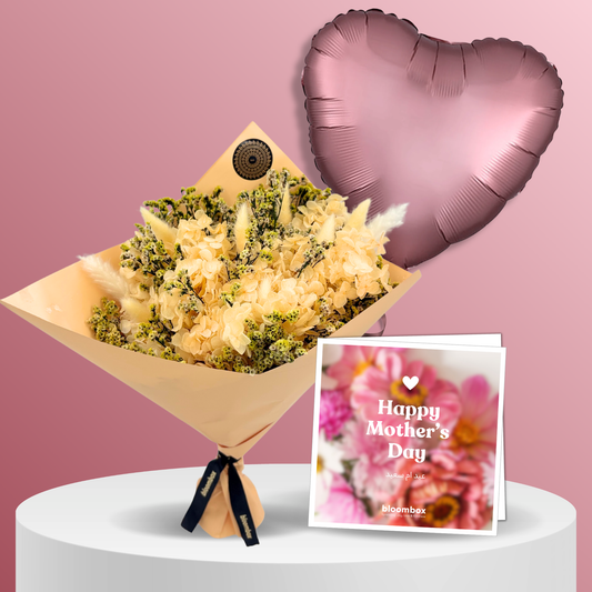 Mother's Day Gift Set – Medium Nude Preserved Bouquet, Card & Balloon