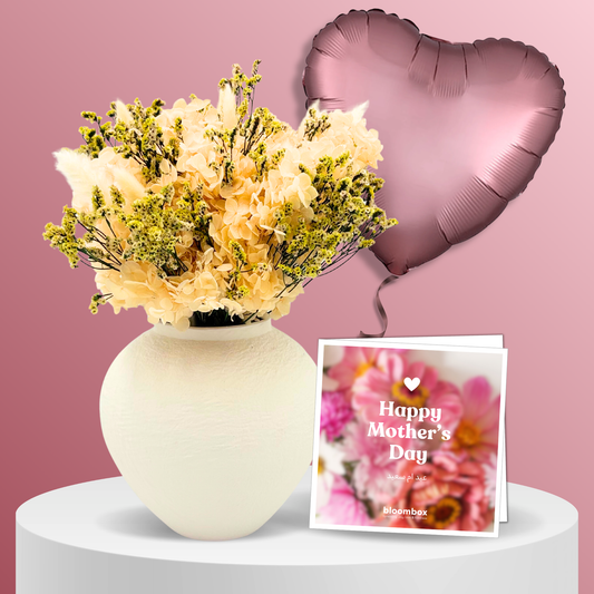Mother's Day Gift Set – Medium Nude Preserved Bouquet, Vase, Card & Balloon