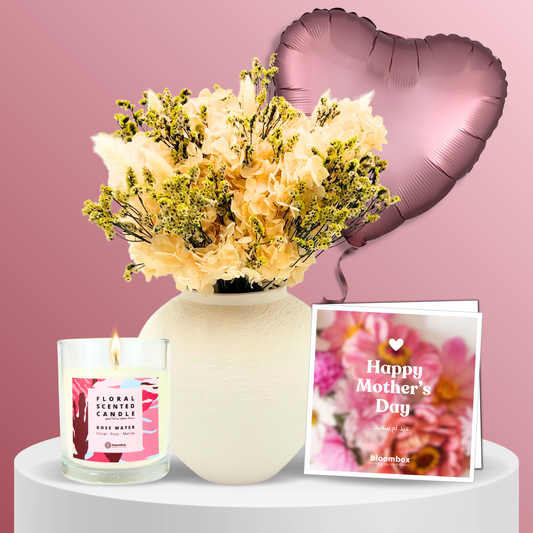 Mother's Day Gift Set – Medium Nude Preserved Bouquet, Vase, Card, Balloon & Candle