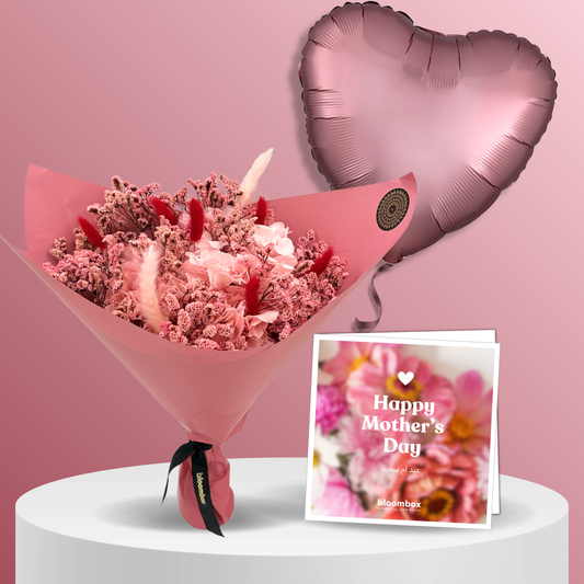 Mother's Day Gift Set – Medium Pink Preserved Bouquet, Card & Balloon