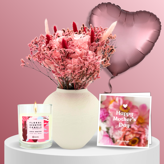 Mother's Day Gift Set – Medium Pink Preserved Bouquet, Vase, Card, Balloon & Candle