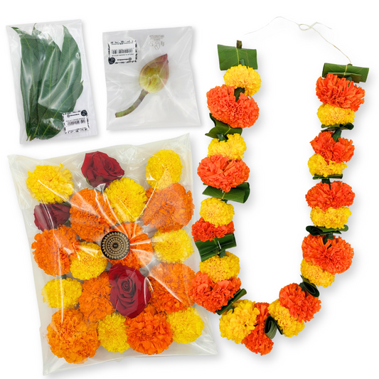 Pooja Garland Large + Pooja Pack Large + Mango Leaves + Lotus Flower