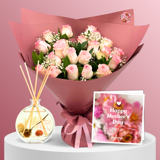 Bouquet Timeless Premium Pink Rose with Card & Diffuser - Mother's Day Gift Set